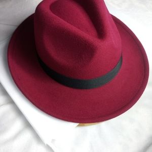 Burgundy wide brim Fedora Hat.